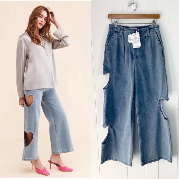 NWT NATIVE YOUTH Wide Leg Heart Cut Out Jeans Medium Wash denim Sz S - Picture 1 of 16